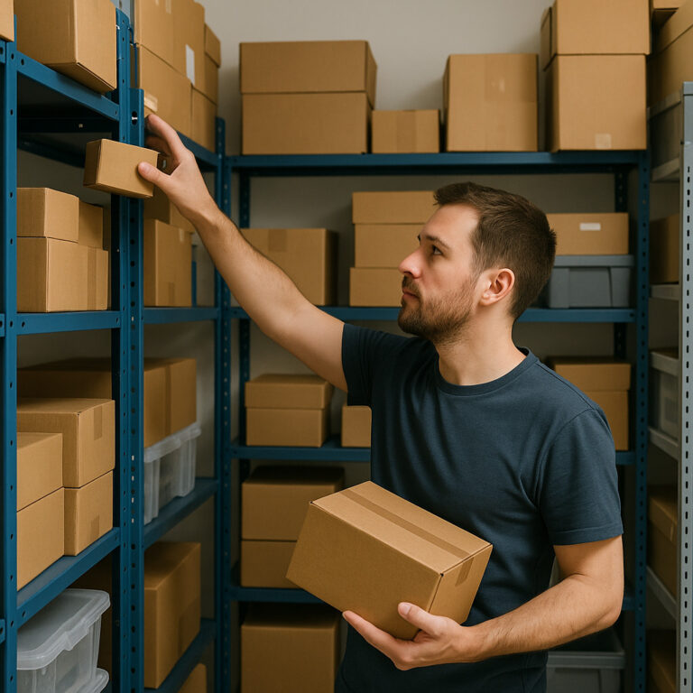 Medewerker die handmatig onderdelen uit een klein magazijn pakt voor voorraadbeheer.